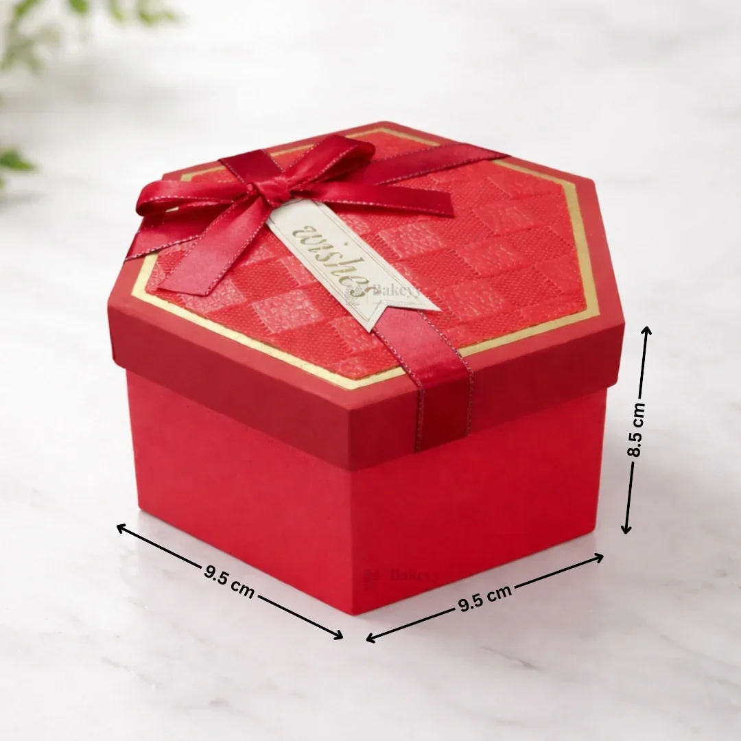 Red Hexagon Gift Box with Ribbon | Luxury Rigid Hamper & Chocolate Packaging Box | Available in 3 Sizes | Pack of 1 - Image 6