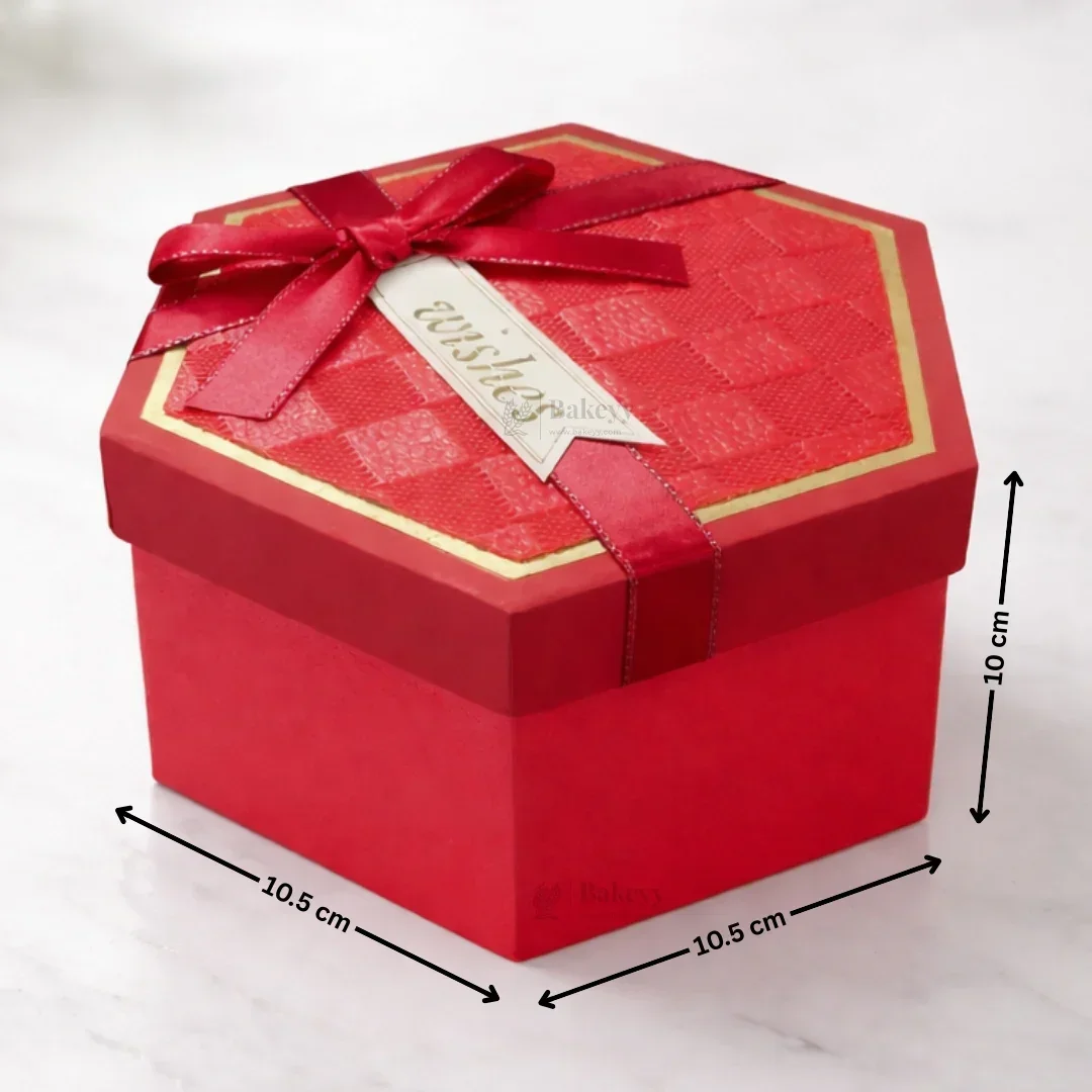 Red Hexagon Gift Box with Ribbon | Luxury Rigid Hamper & Chocolate Packaging Box | Available in 3 Sizes | Pack of 1 - Image 7