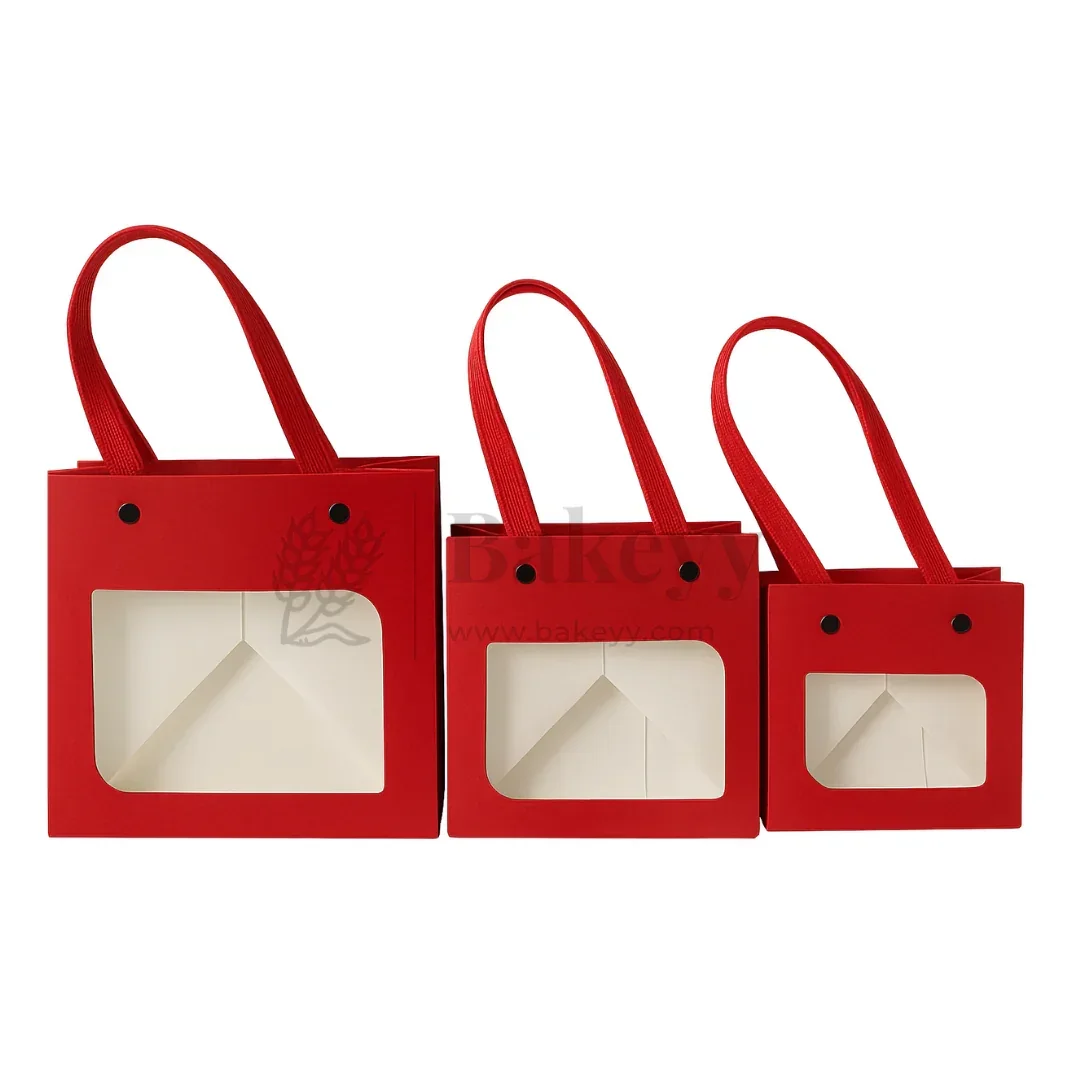 Red Paper Gift Bag with Transparent Window | Pack of 10 - Image 3