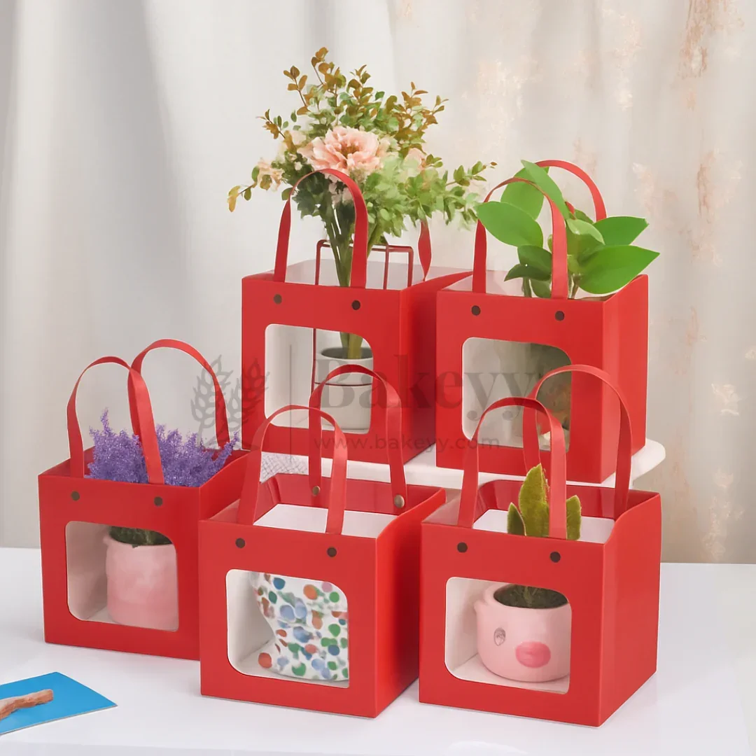 Red Paper Gift Bag with Transparent Window | Pack of 10 - Image 4
