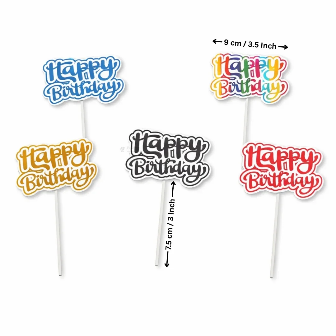 Reflective Happy Birthday Cake Topper | Multiple Design Options with Wooden Stick | Pack of 50 - Image 3
