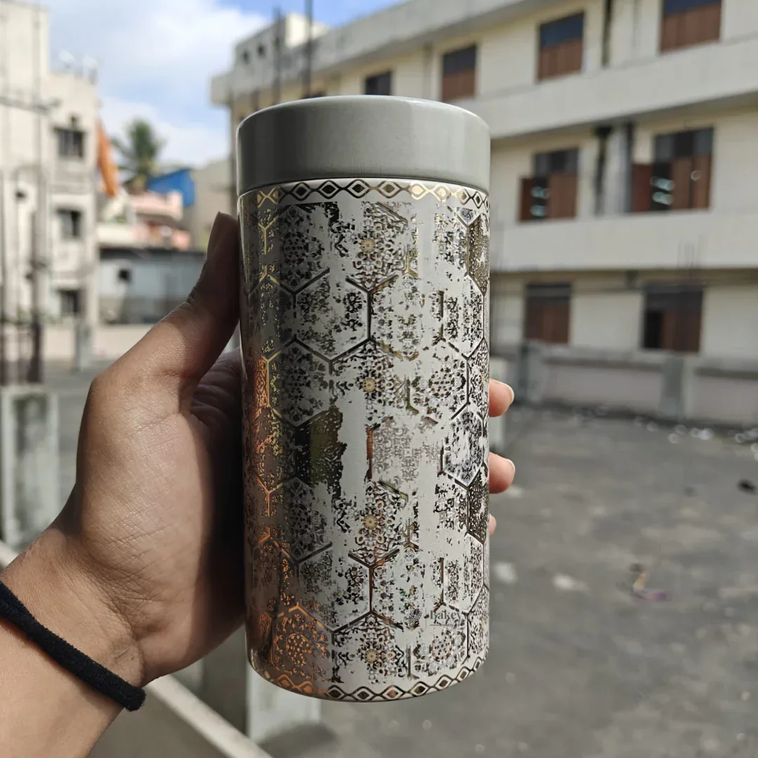 Premium Grey & Gold Hexagon Print Round Metal Tin Box | 1 Piece - Image 2