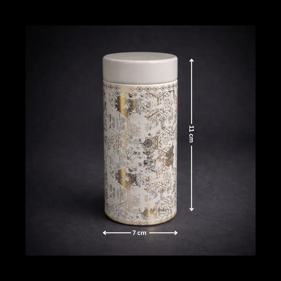 Premium Grey & Gold Hexagon Print Round Metal Tin Box | 1 Piece - Image 3