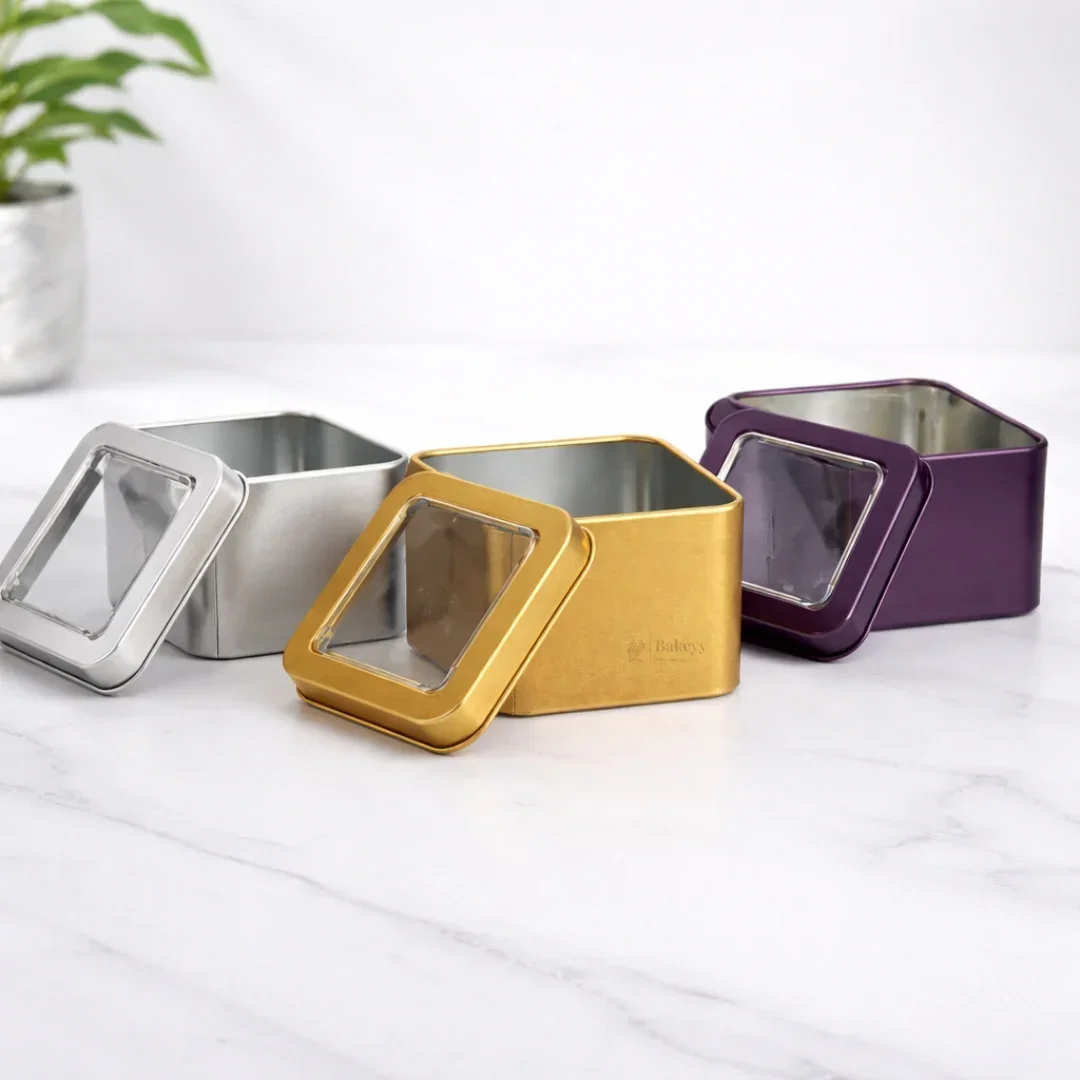 Square Tin Box with Transparent Window Lid | Random Colors | Chocolates & Keepsakes | Pack of 12
