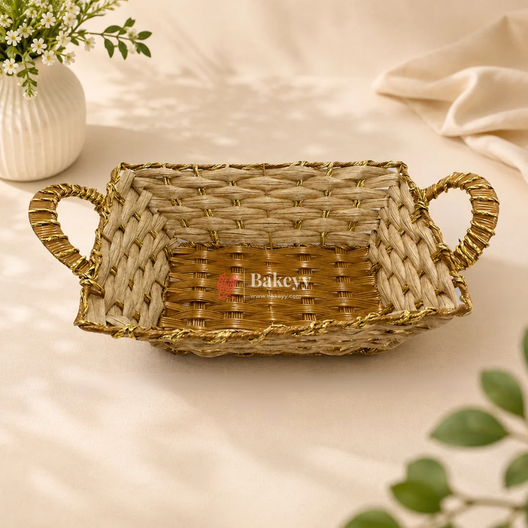 Rustic Handwoven Rectangle Basket with Handles & Golden Border – Decorative Storage & Serving Tray