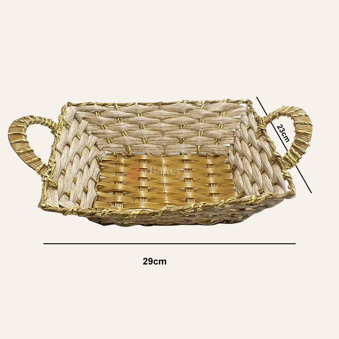 Rustic Handwoven Rectangle Basket with Handles & Golden Border – Decorative Storage & Serving Tray - Image 2