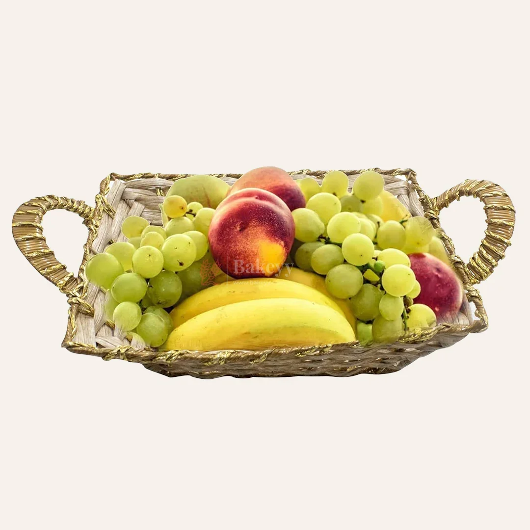Rustic Handwoven Rectangle Basket with Handles & Golden Border – Decorative Storage & Serving Tray - Image 3
