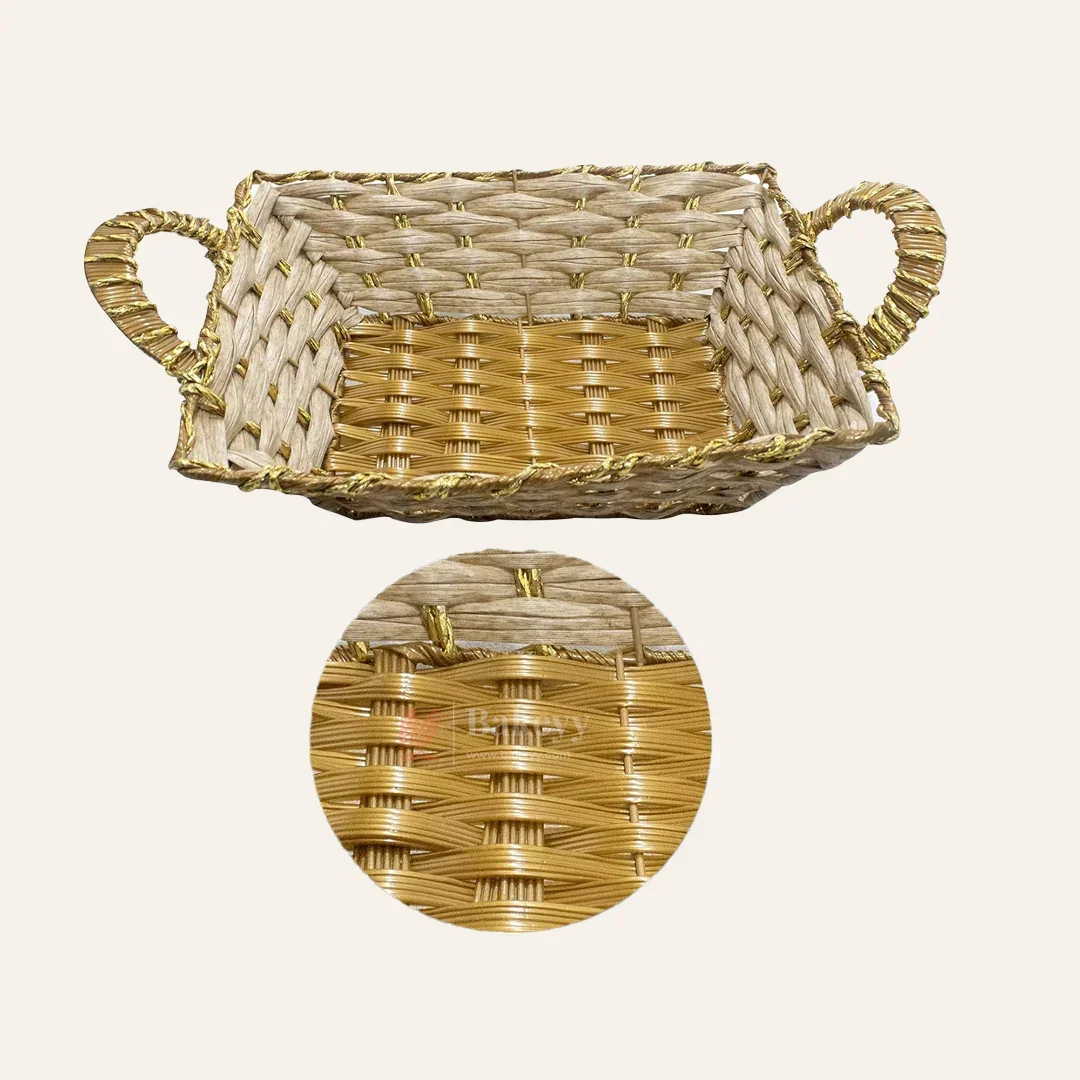 Rustic Handwoven Rectangle Basket with Handles & Golden Border – Decorative Storage & Serving Tray - Image 4
