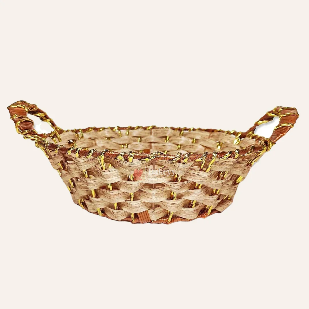 Rustic Handwoven Round Basket with Handles & Golden Border – Decorative Storage & Serving Tray - Image 4