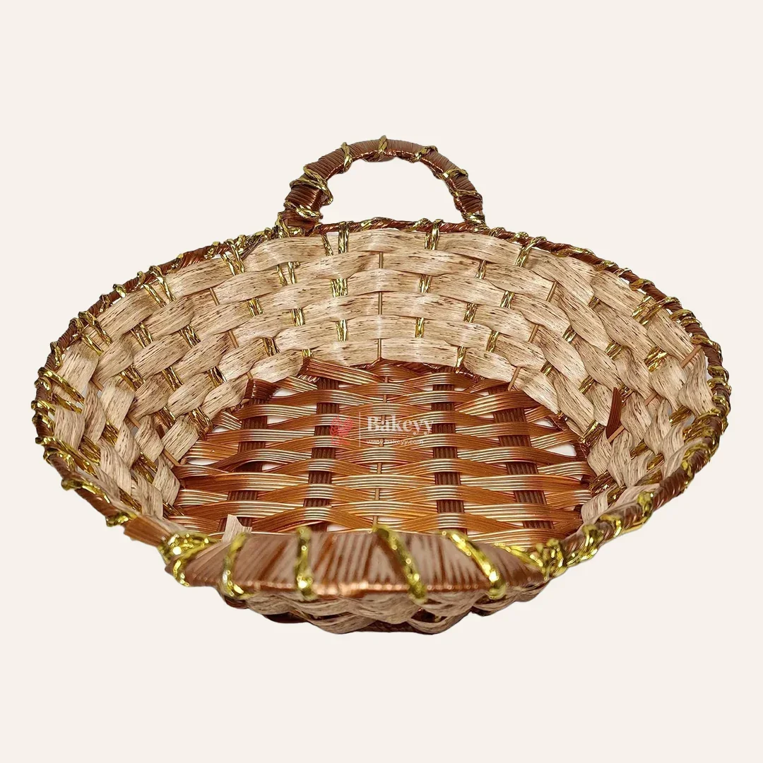 Rustic Handwoven Round Basket with Handles & Golden Border – Decorative Storage & Serving Tray - Image 5