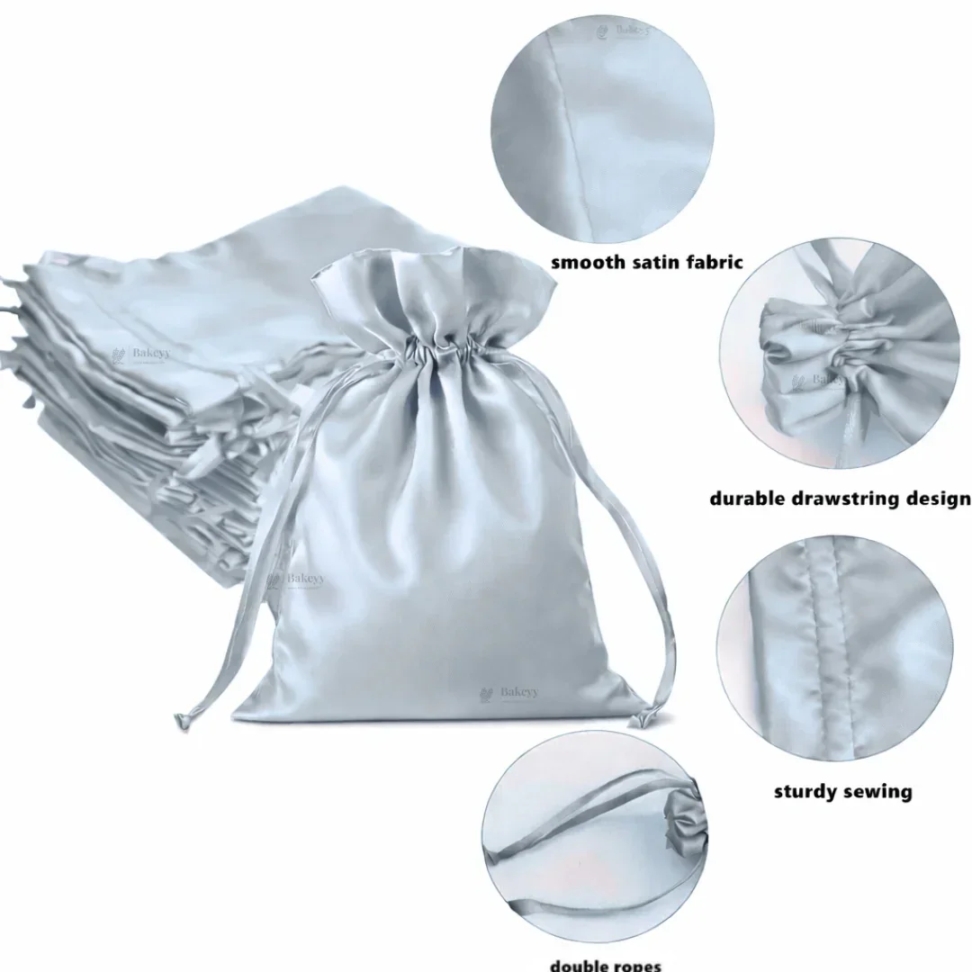 Satin Drawstring Potli Bags | Grey Color | 3 Size Options | Pack of 25 - Image 4
