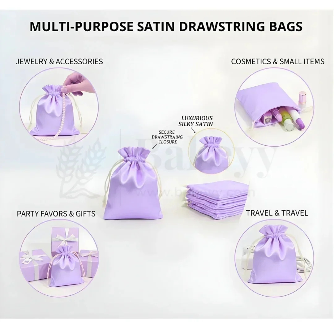 Satin Drawstring Potli Bags | Lavender Color | 3 Size Options | Pack of 25 - Image 6