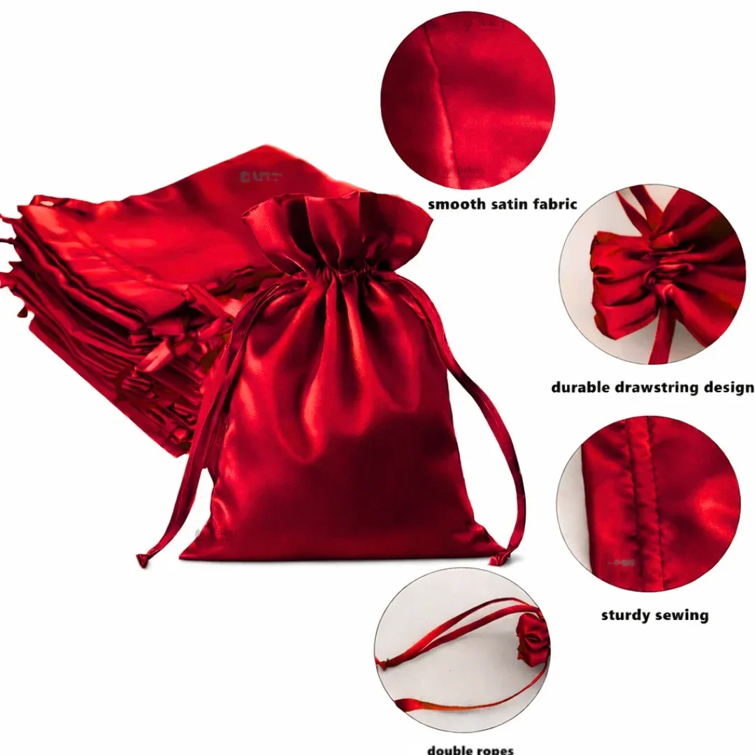 Satin Drawstring Potli Bags | Red Color | 3 Size Options | Pack of 25 - Image 4