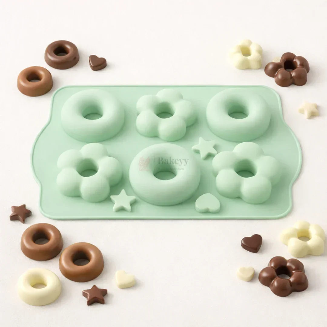 Silicone Donut & Flower Chocolate Mould Multi-Shape Star & Heart Dessert Mould | Pack of 1 - Image 3
