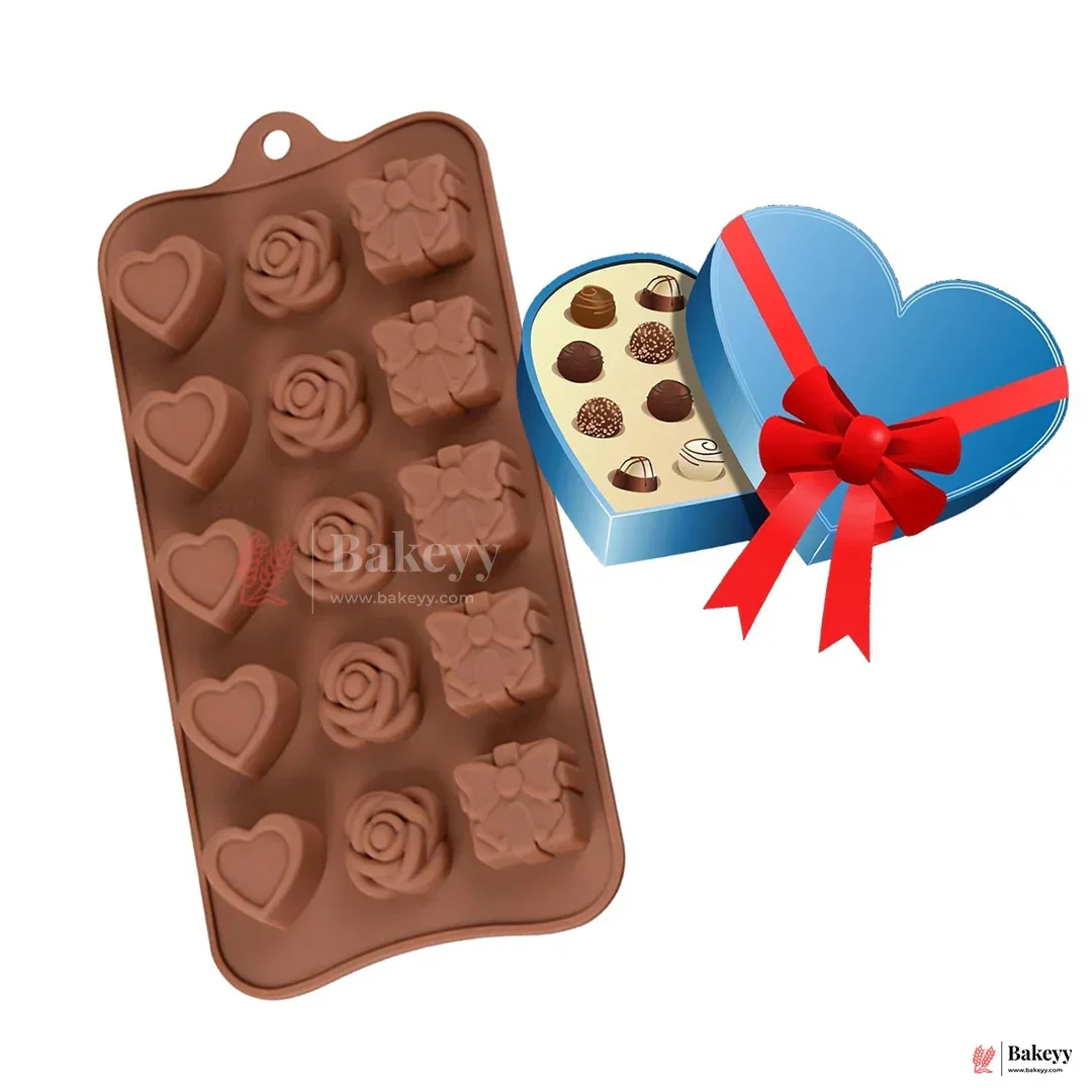 Silicone Heart, Rose & Gift Shape Chocolate Mould – 15 Cavity Romantic Design Tray| 1 Piece - Image 3