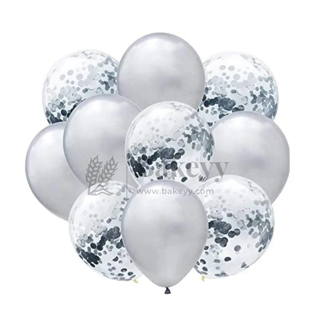 Silver Balloon Set – Latex & Confetti Combo | Party Decoration Combo | 10 pc Set | Pack of 1