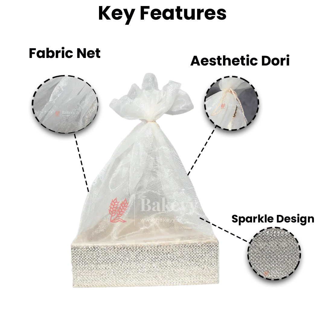 Silver Crystal Mesh Gifting Tray with Ivory Net Cover and Tassel Accents | Luxury Hamper for Special Occasions - Image 3
