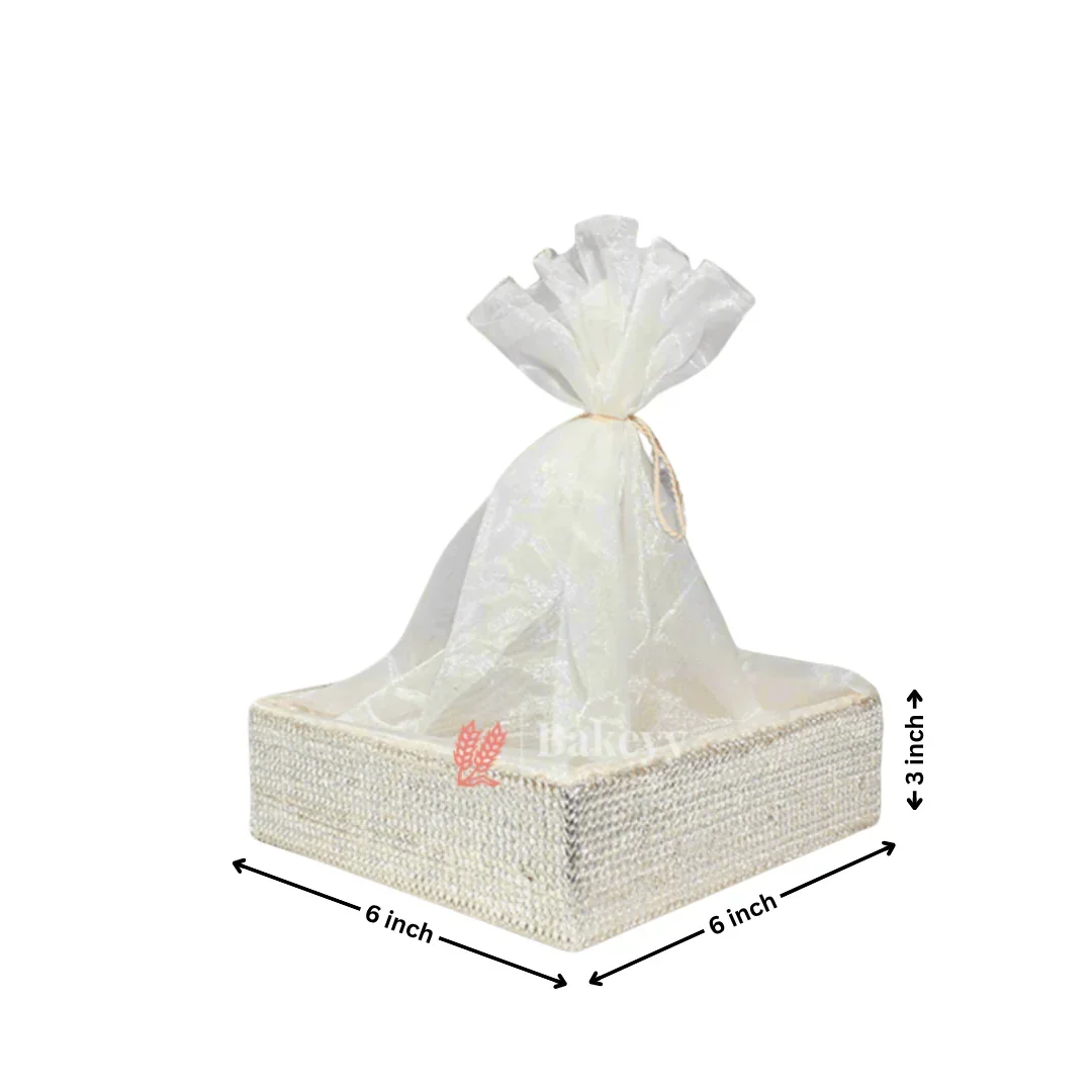 Silver Crystal Mesh Gifting Tray with Ivory Net Cover and Tassel Accents | Luxury Hamper for Special Occasions - Image 4