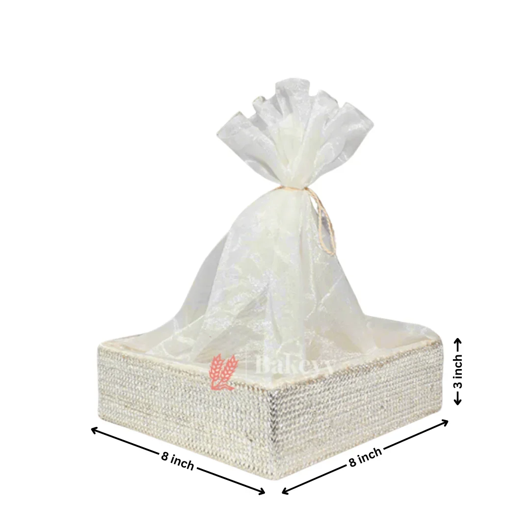Silver Crystal Mesh Gifting Tray with Ivory Net Cover and Tassel Accents | Luxury Hamper for Special Occasions - Image 5