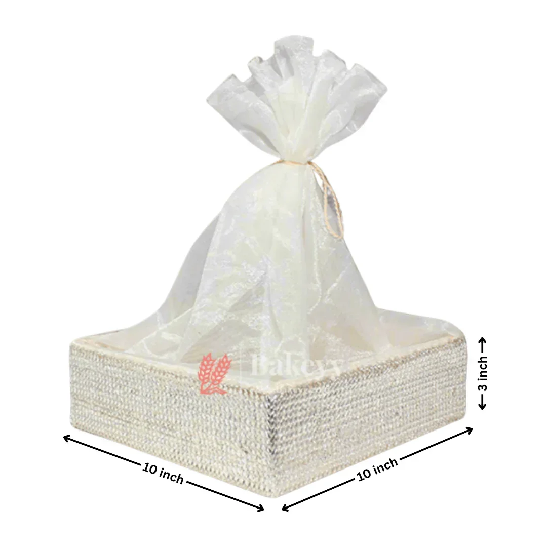 Silver Crystal Mesh Gifting Tray with Ivory Net Cover and Tassel Accents | Luxury Hamper for Special Occasions - Image 6