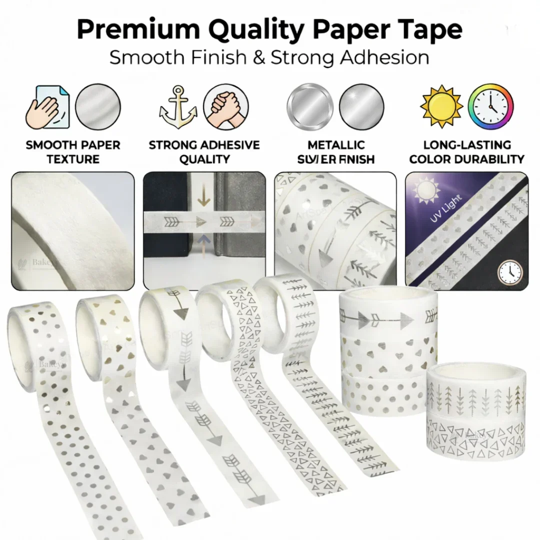 Silver Foil Decorative Washi Tape Set | Cake Decoration | 5 Pieces per Pack | Pack of 1 - Image 6