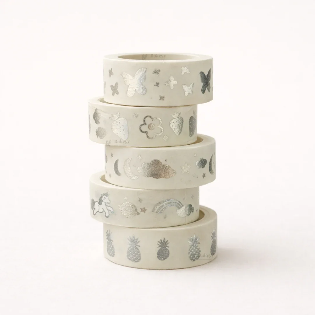 Silver Foil Decorative Washi Tape Set | Cake Decoration | 5 Pieces per Pack | Pack of 1 - Image 9