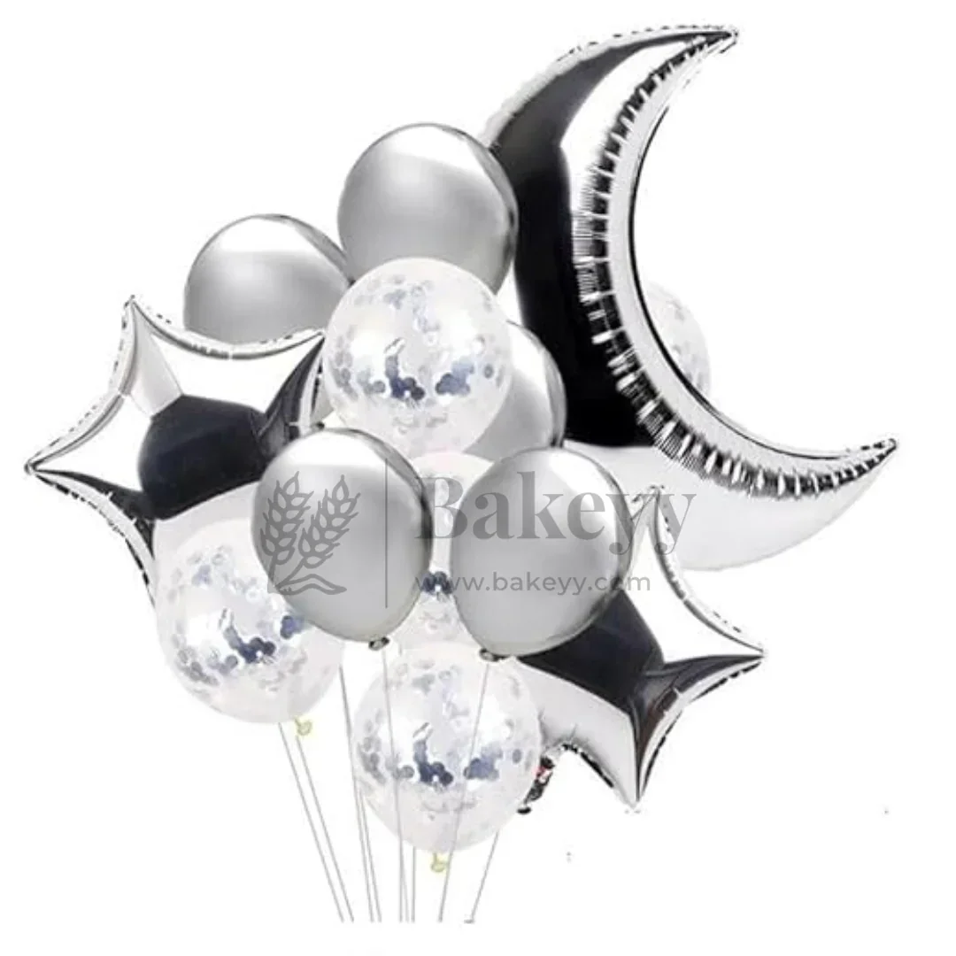 Silver Moon & Star Balloon Set | Party Decoration Combo | 14 Pcs per Pack | Pack of 1