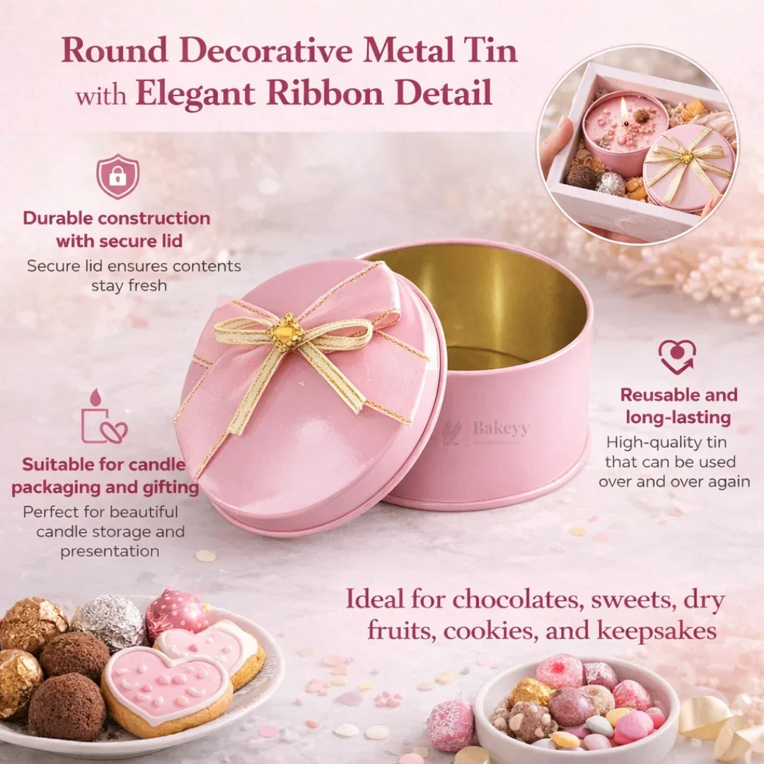 Round Empty Decorative Tin Box | Mixed Colours with Bow Designs | Pack of 12 - Image 5