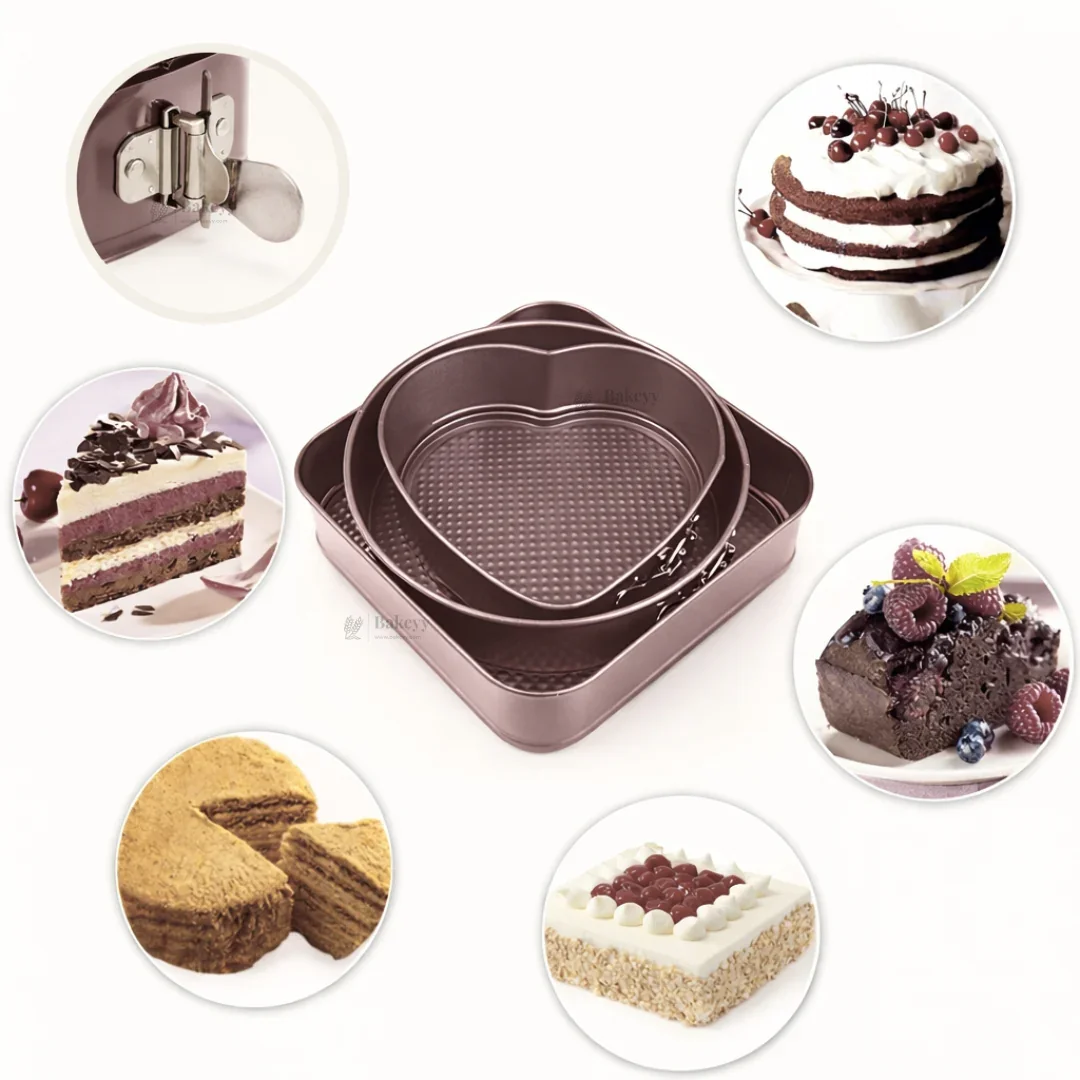 Springform Cake Pan Set | Round, Square & Heart Shape Non-Stick Baking Tins | 3 Shapes per Pack | Pack of 1 - Image 8
