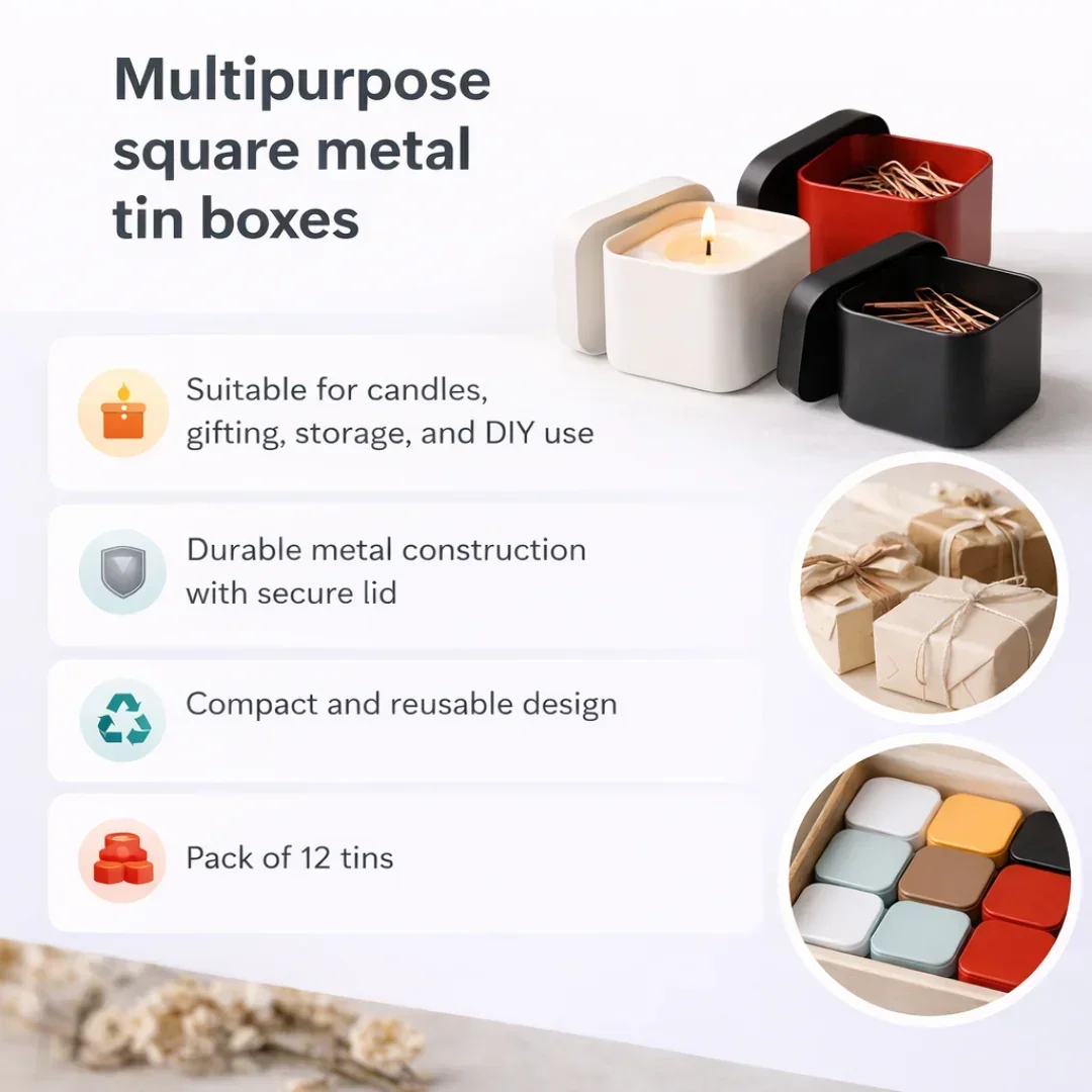 Square Metal Tin Box | Multi-Purpose Storage Tin | Candle, Gift & Storage Use | Pack of 12 - Image 6