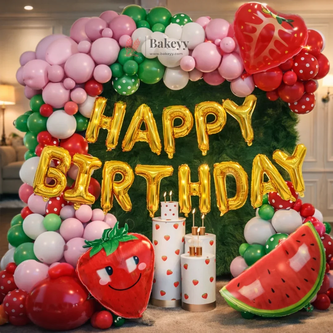 Strawberry Theme Balloon Decoration Set | Happy Birthday Balloon Arch Kit | Fruit Party Decor | Pack of 1