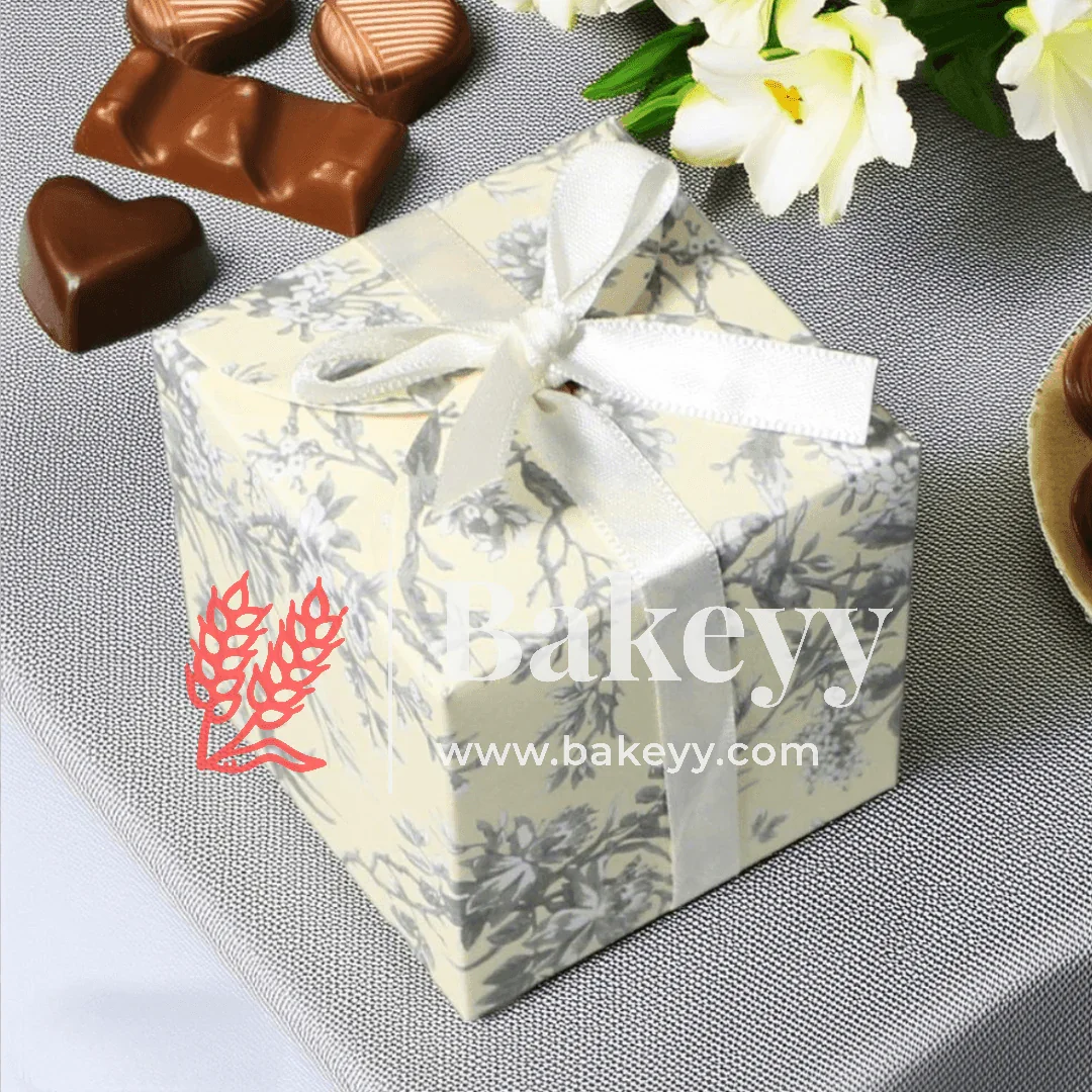 Cube Floral Print Ribbon Favor Box – 6.5 x 6.5 x 6.5 cm | Festive & Diwali Gift Packaging| Pack of 10 - Image 3