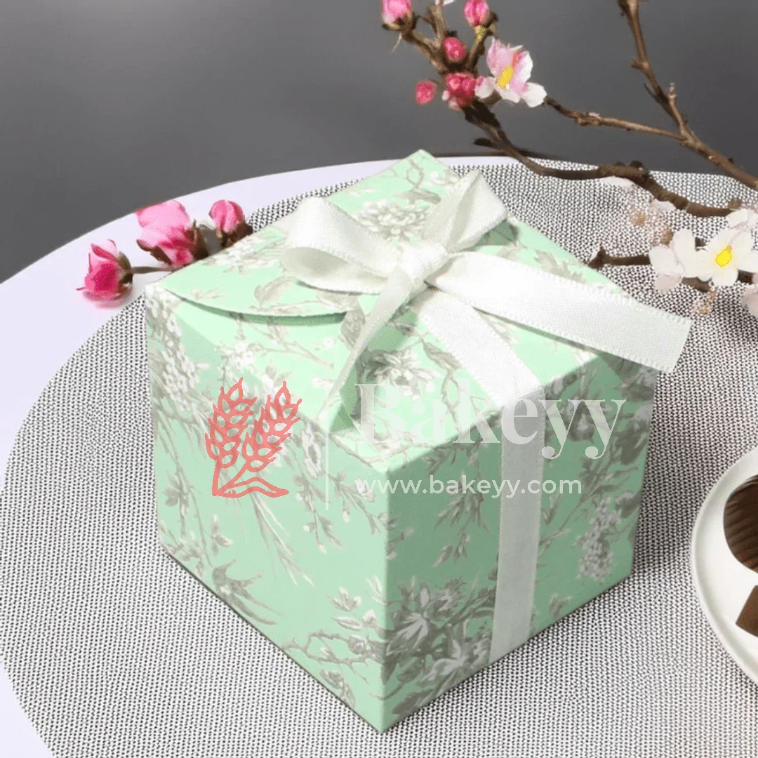 Cube Floral Print Ribbon Favor Box – 6.5 x 6.5 x 6.5 cm | Festive & Diwali Gift Packaging| Pack of 10 - Image 4