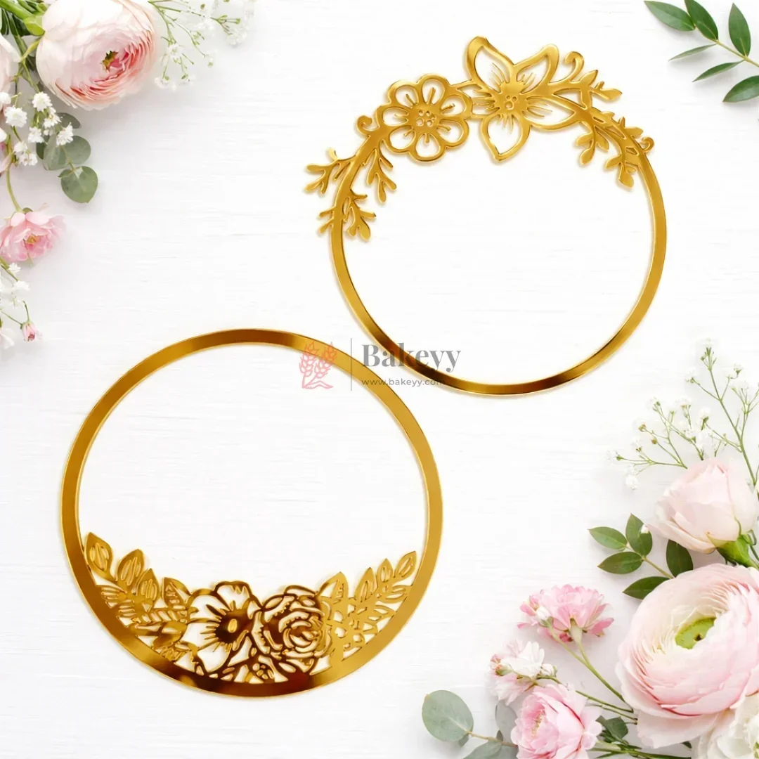 5 Inch Gold Floral Ring Cake Topper | Acrylic Cake Decoration for Birthday & Wedding Cakes | Pack of 5