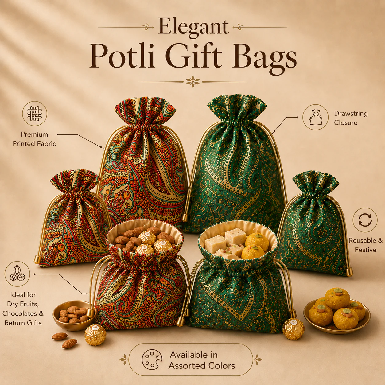 Traditional Printed Theme Potli Bag | Drawstring Closure | Pack of 10 - Image 9