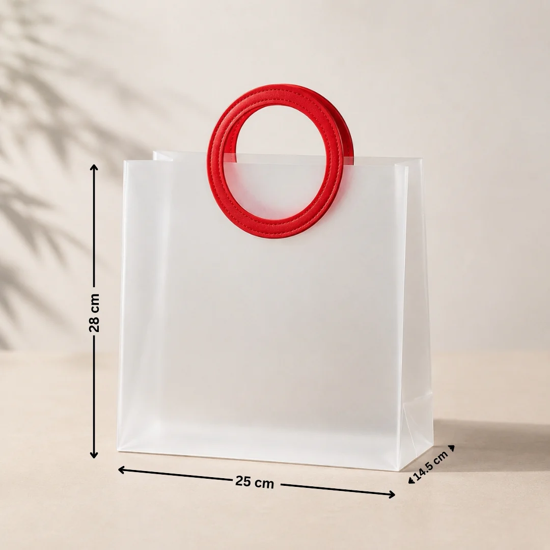 Transparent Bags With Leather Style Red Colour Handles | Pack of 12 - Image 4