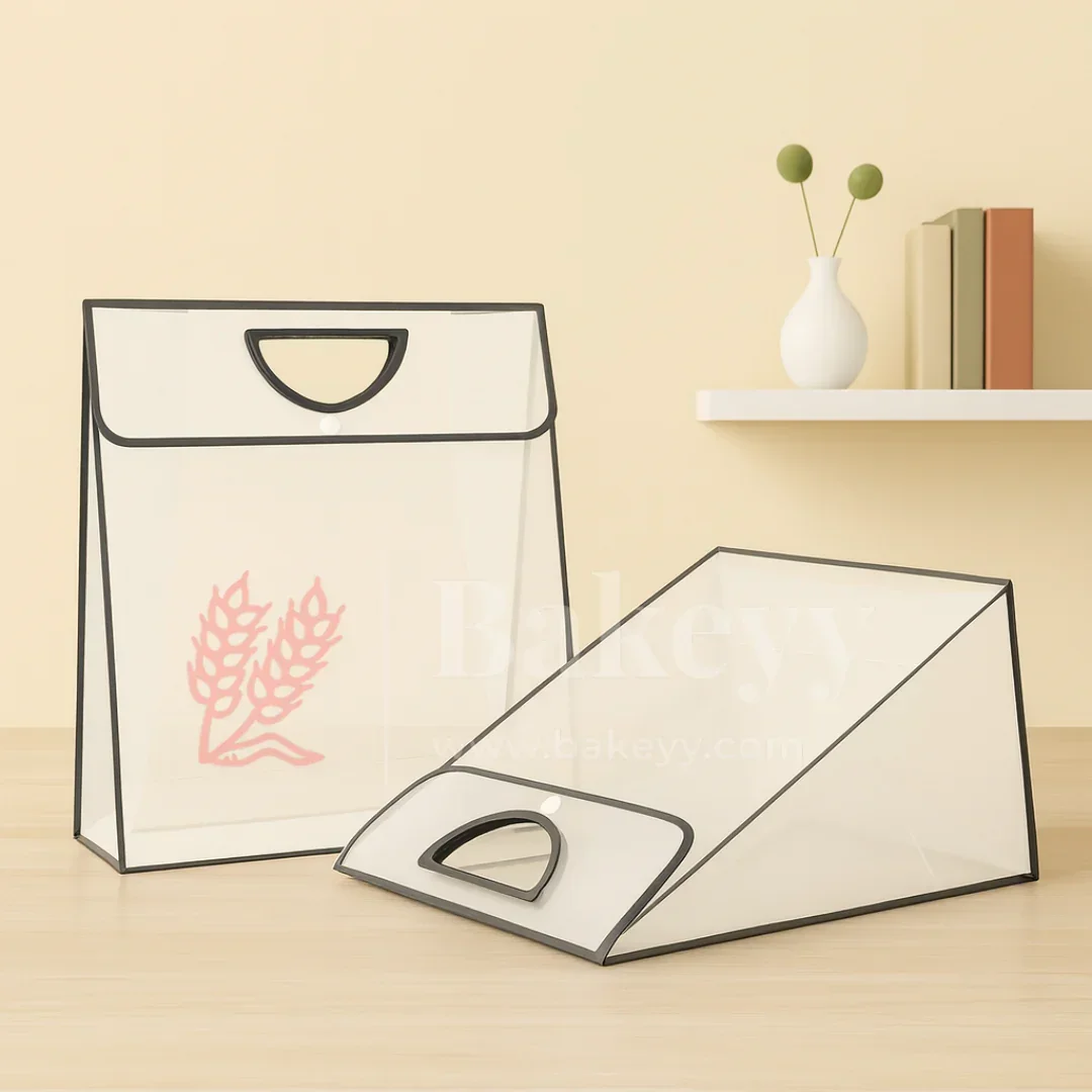 Transparent Gift Bag with Button Lock - Black | Oval‑Cut Handle | Pack Of 12