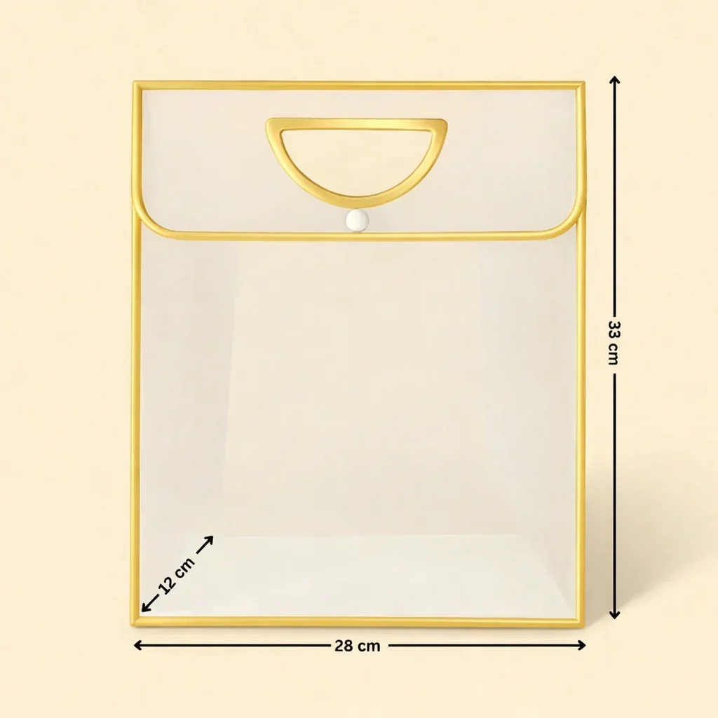 Transparent Gift Bag with Button Lock - Gold | Oval‑Cut Handle | Pack Of 12 - Image 4