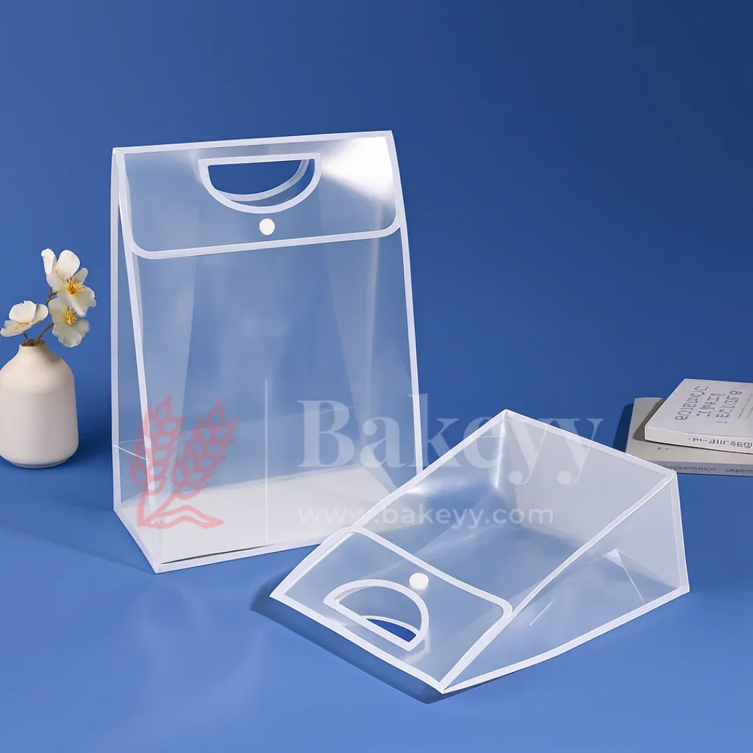 Transparent Gift Bag with Button Lock - White | Oval‑Cut Handle | Pack Of 12