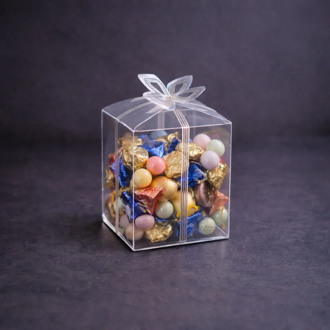Transparent PVC Gift Box with Gold & Silver Bow Top | Premium Clear Goodie Box | 3 Sizes Available | Pack of 10 - Image 2