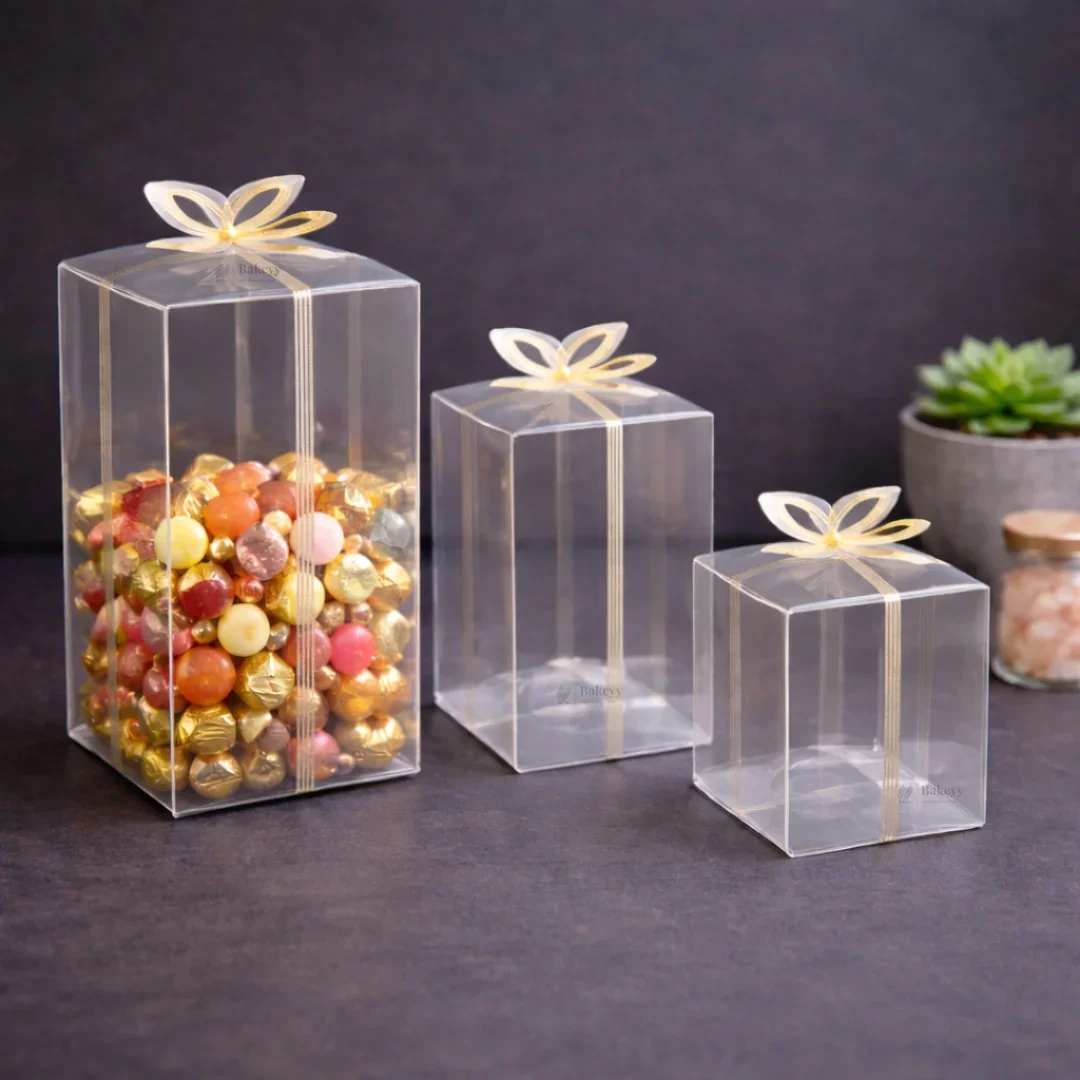 Transparent PVC Gift Box with Gold & Silver Bow Top | Premium Clear Goodie Box | 3 Sizes Available | Pack of 10 - Image 3