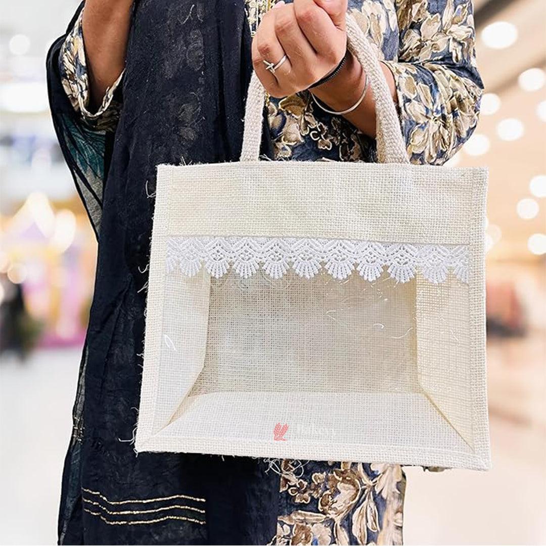 Transparent Window Jute Gift Bag with Zipper Lock & Lace Design | 4 Size Options Available | Pack of 1 - Image 3