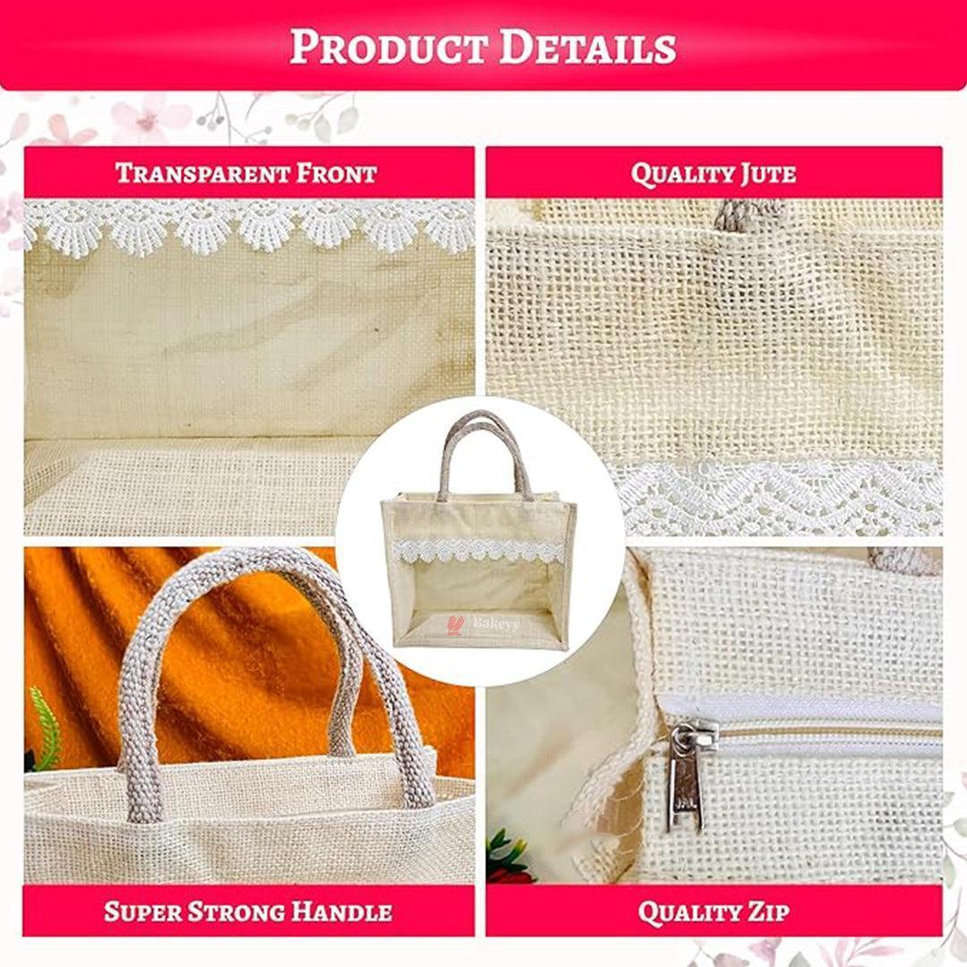 Transparent Window Jute Gift Bag with Zipper Lock & Lace Design | 4 Size Options Available | Pack of 1 - Image 4