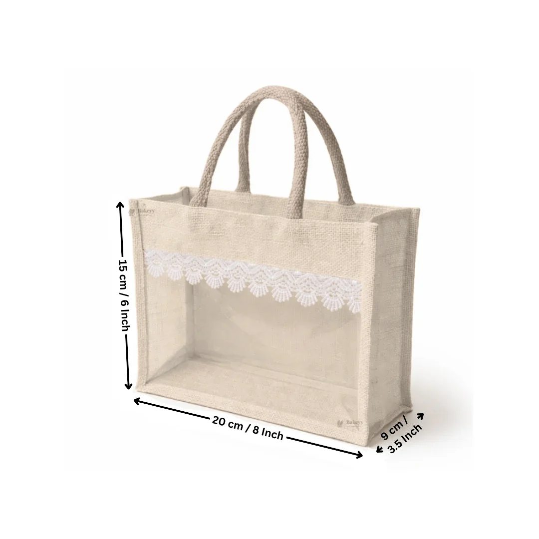 Transparent Window Jute Gift Bag with Zipper Lock & Lace Design | 4 Size Options Available | Pack of 1 - Image 5