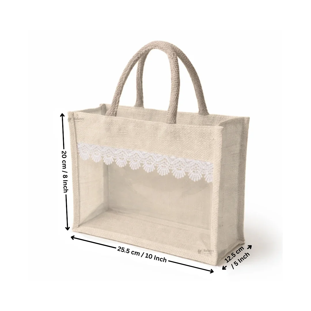 Transparent Window Jute Gift Bag with Zipper Lock & Lace Design | 4 Size Options Available | Pack of 1 - Image 6