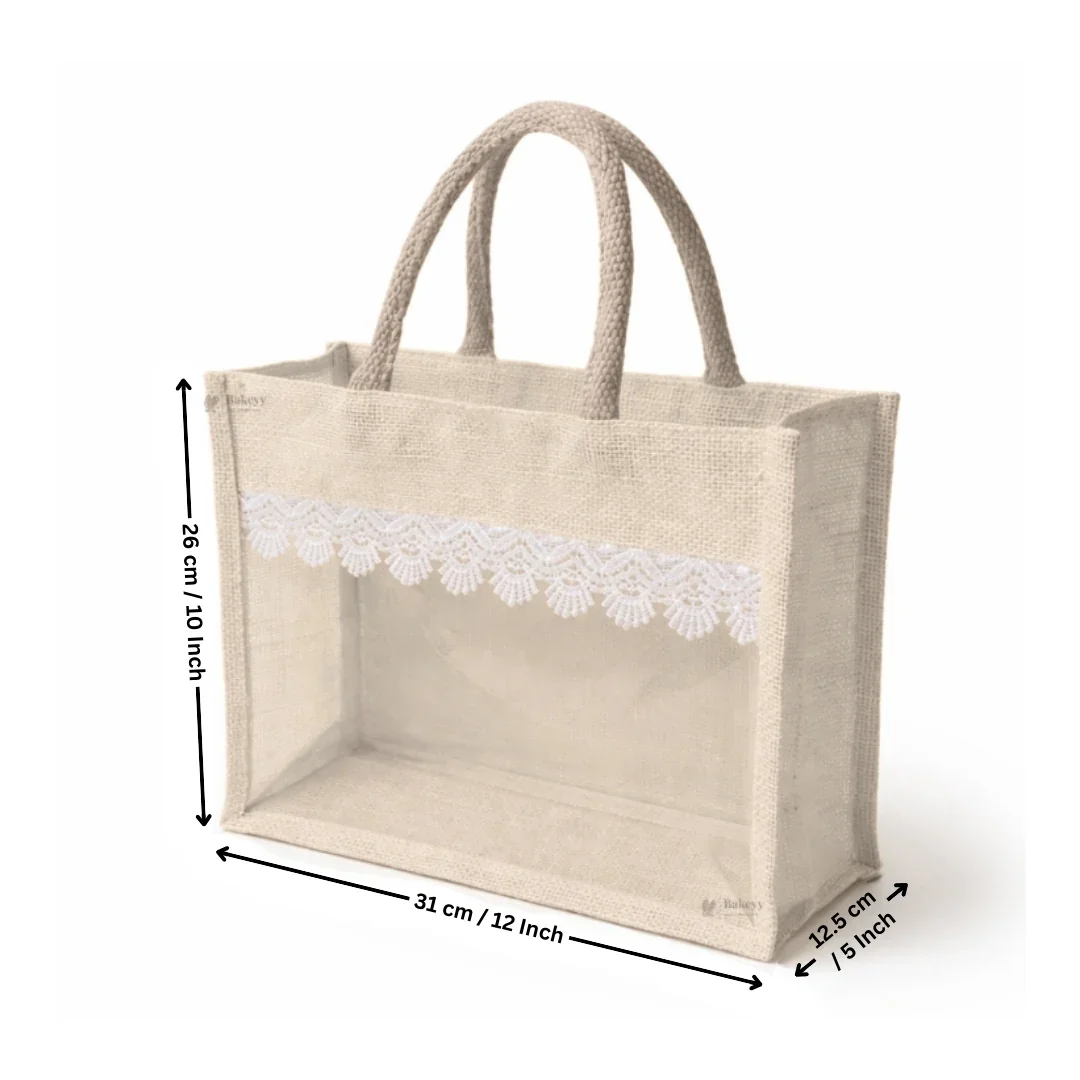 Transparent Window Jute Gift Bag with Zipper Lock & Lace Design | 4 Size Options Available | Pack of 1 - Image 7