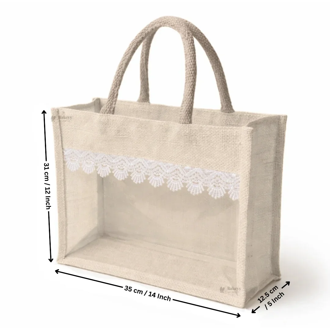 Transparent Window Jute Gift Bag with Zipper Lock & Lace Design | 4 Size Options Available | Pack of 1 - Image 8