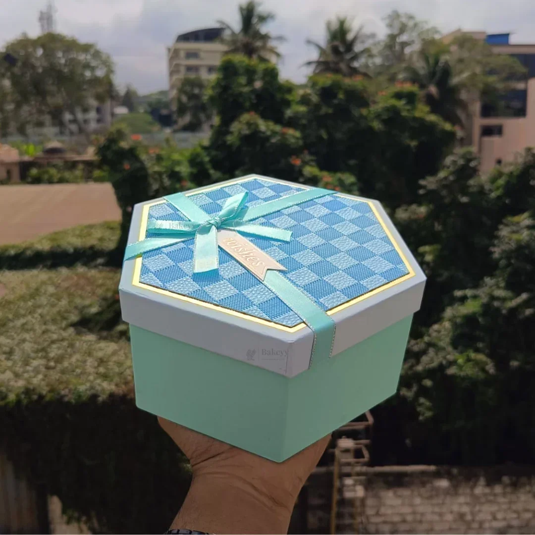 Turquoise Hexagon Gift Box with Ribbon | Luxury Rigid Hamper & Chocolate Packaging Box | Available in 3 Sizes | Pack of 1 - Image 2