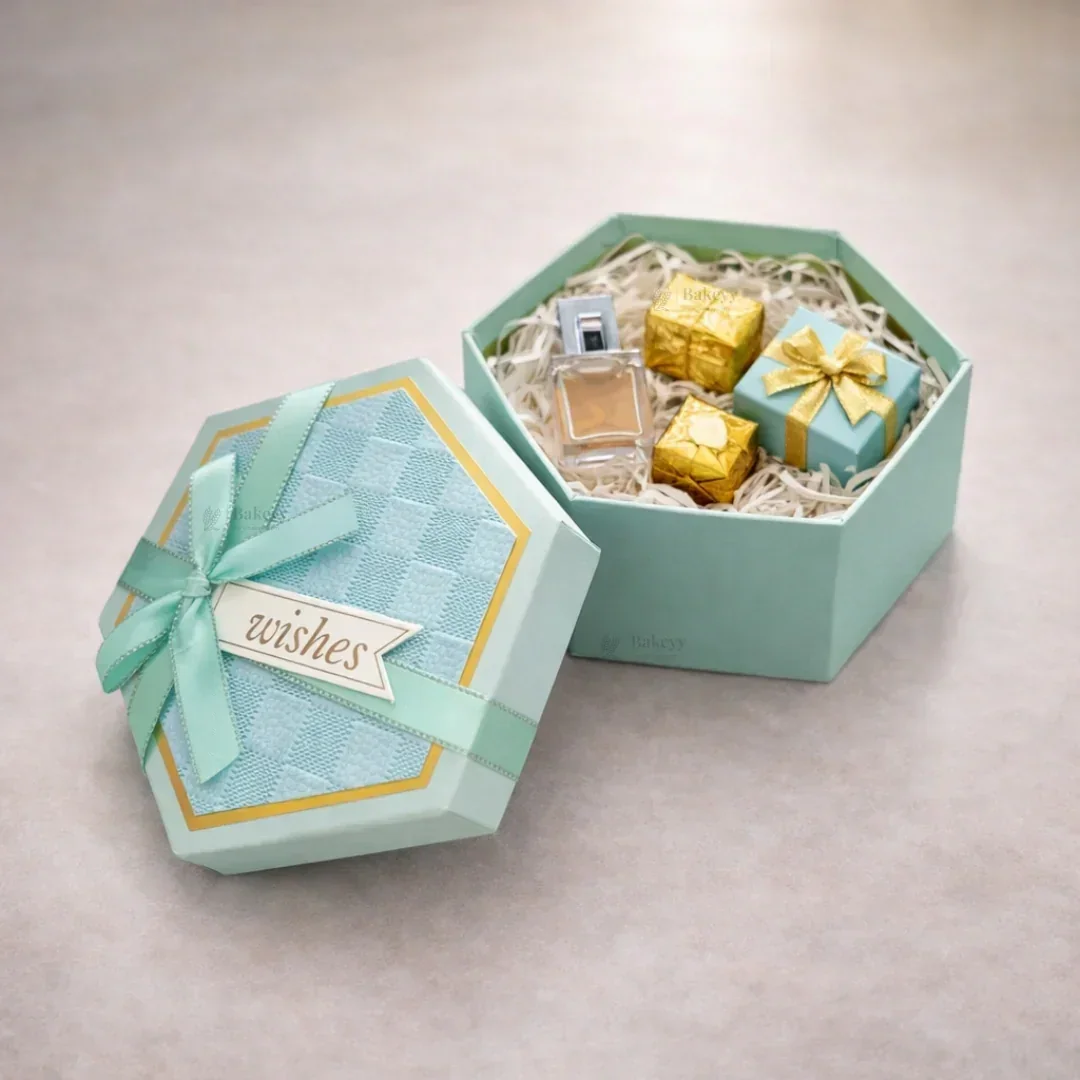 Turquoise Hexagon Gift Box with Ribbon | Luxury Rigid Hamper & Chocolate Packaging Box | Available in 3 Sizes | Pack of 1 - Image 3