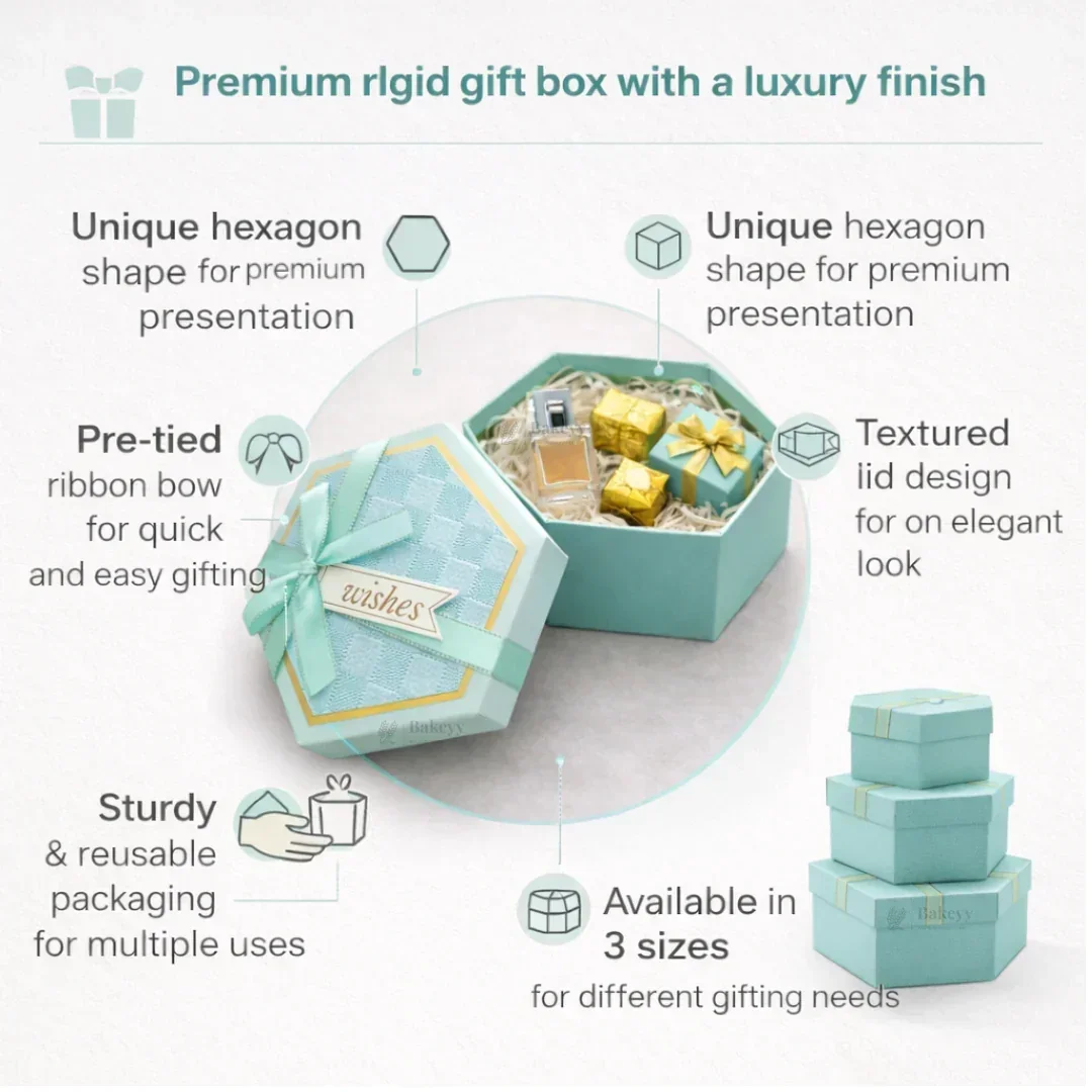 Turquoise Hexagon Gift Box with Ribbon | Luxury Rigid Hamper & Chocolate Packaging Box | Available in 3 Sizes | Pack of 1 - Image 4
